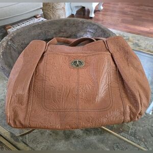 American Leather Co. Floral Embossed Brown Leather Shoulder Bag Magnet Snap